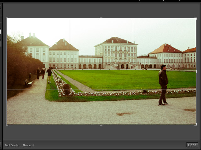 Pressing "R" on the keyboard gets the crop process started in Lightroom. The crop overlay will appear over the image, and pressing "R" on the keyboard again or the Done button below the image will apply the crop.