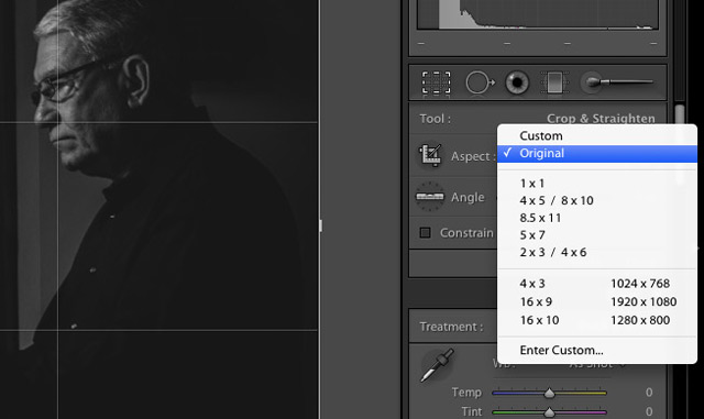 For each of these, we need to change the aspect ratio fo the crop by clicking on "custom" or "original" to the left of the padlock. Select the desired crop aspect ratio, and Lightroom will now allow you to use that selected ratio in the cropping process.