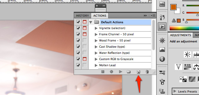 First, ensure that you open the actions panel using the Window menu. Next, create a new action by pressing the button to the left of the trash bin.