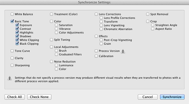 Typically, we sync settings selectively - I usually will sync basic settings across a series of photos in order to get the images similarly exposed.